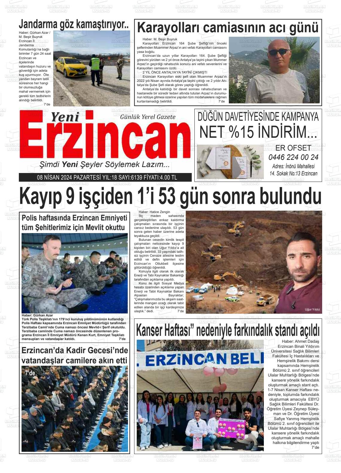 08 Nisan 2024 Yeni Erzincan Gazete Manşeti