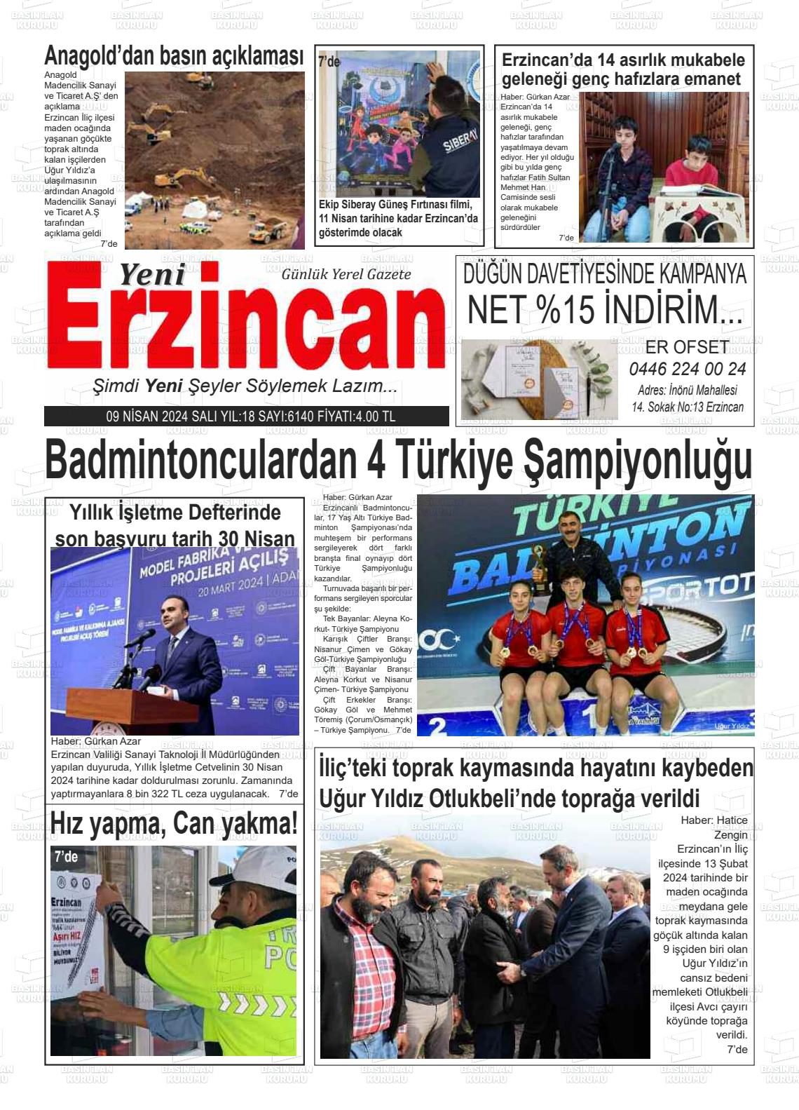 09 Nisan 2024 Yeni Erzincan Gazete Manşeti