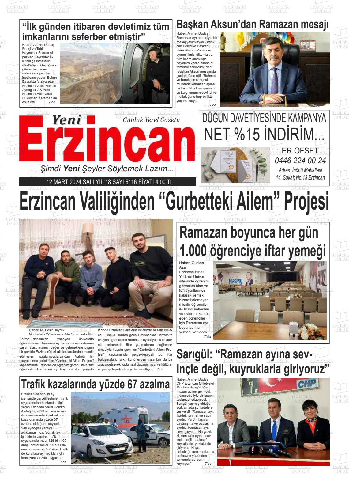 12 Mart 2024 Yeni Erzincan Gazete Manşeti