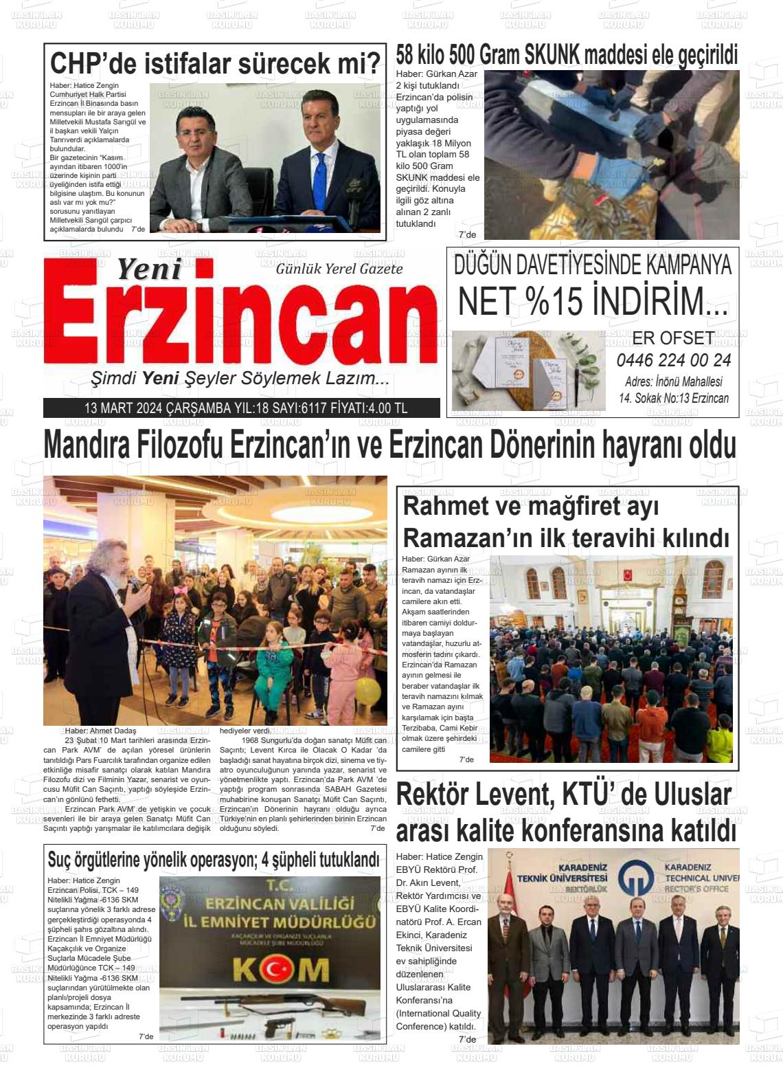 13 Mart 2024 Yeni Erzincan Gazete Manşeti