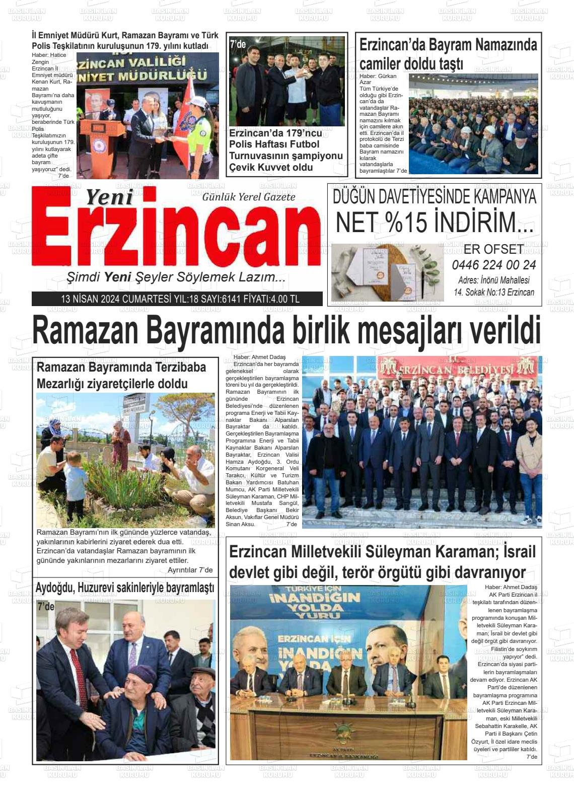 13 Nisan 2024 Yeni Erzincan Gazete Manşeti