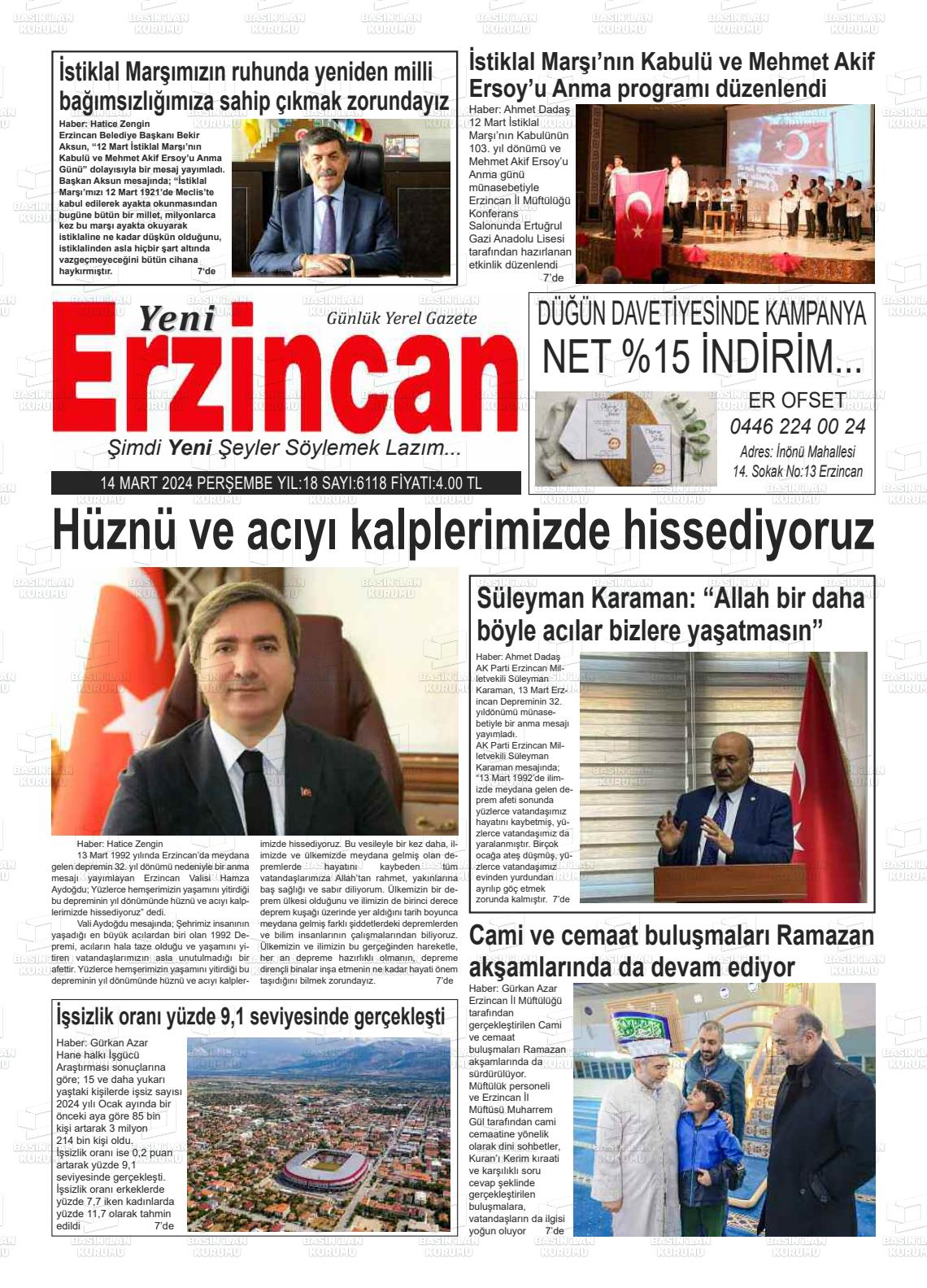 14 Mart 2024 Yeni Erzincan Gazete Manşeti