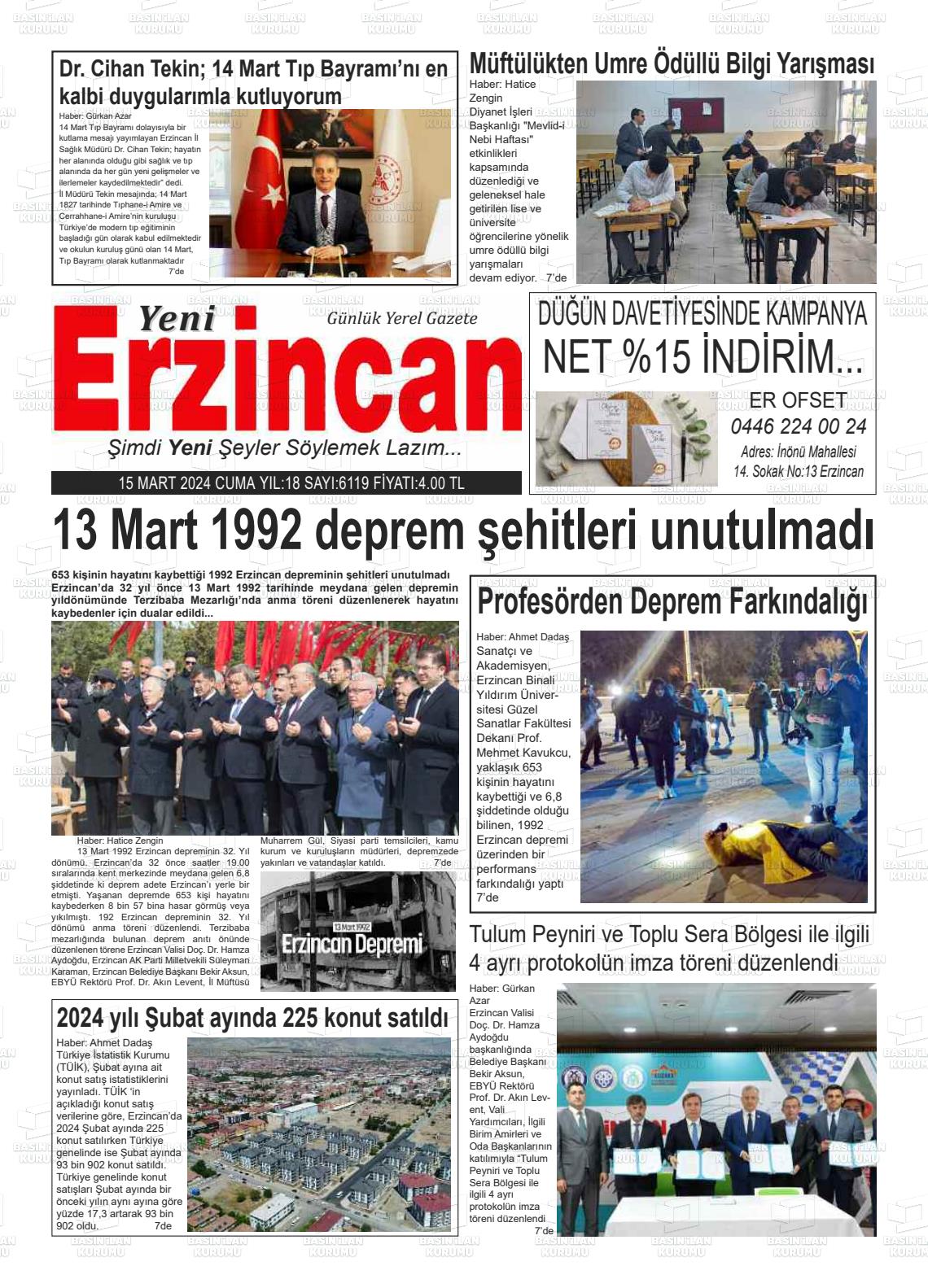 15 Mart 2024 Yeni Erzincan Gazete Manşeti