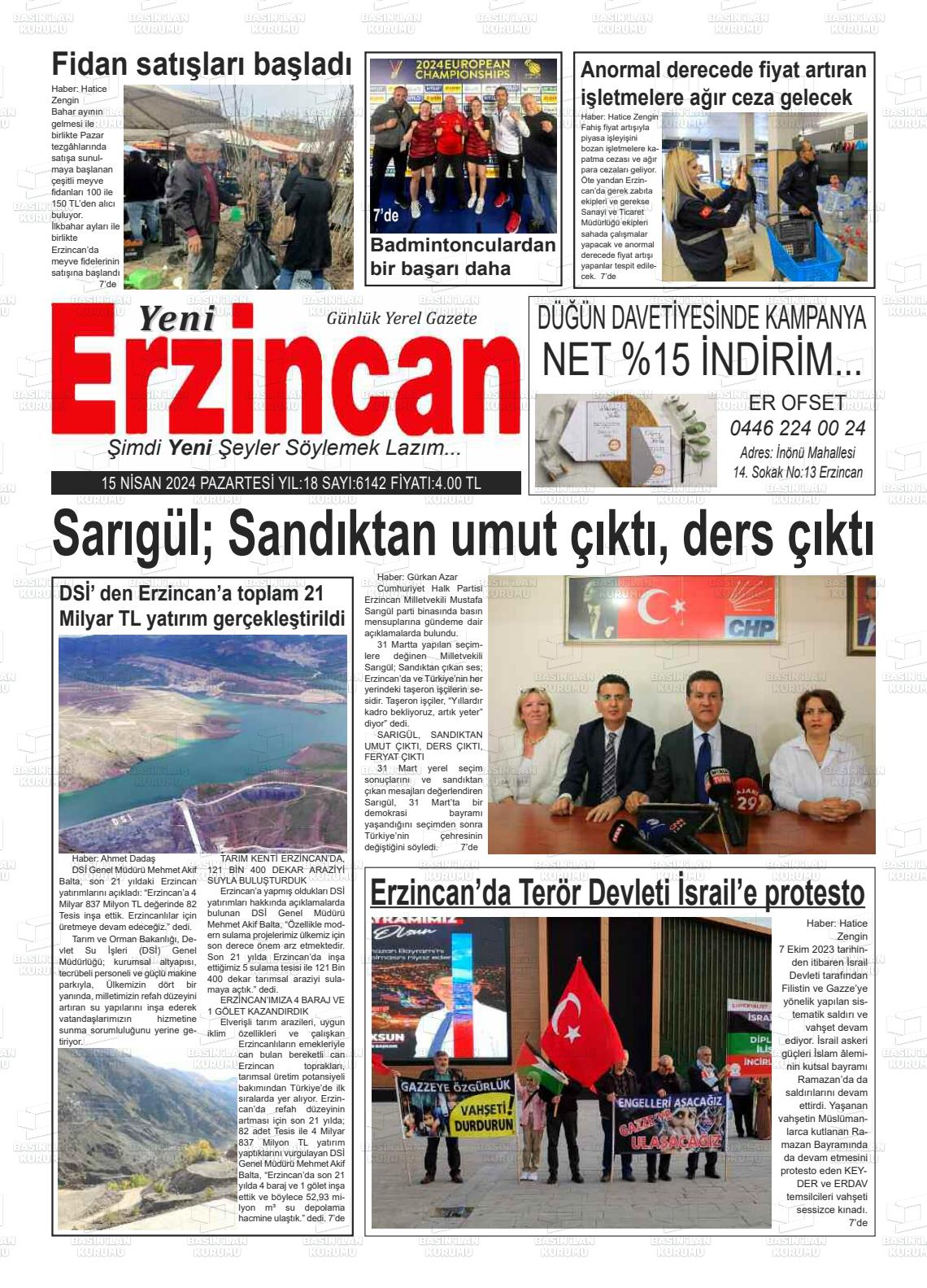 15 Nisan 2024 Yeni Erzincan Gazete Manşeti