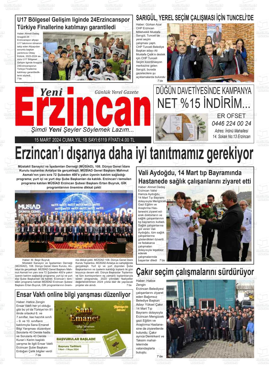 16 Mart 2024 Yeni Erzincan Gazete Manşeti