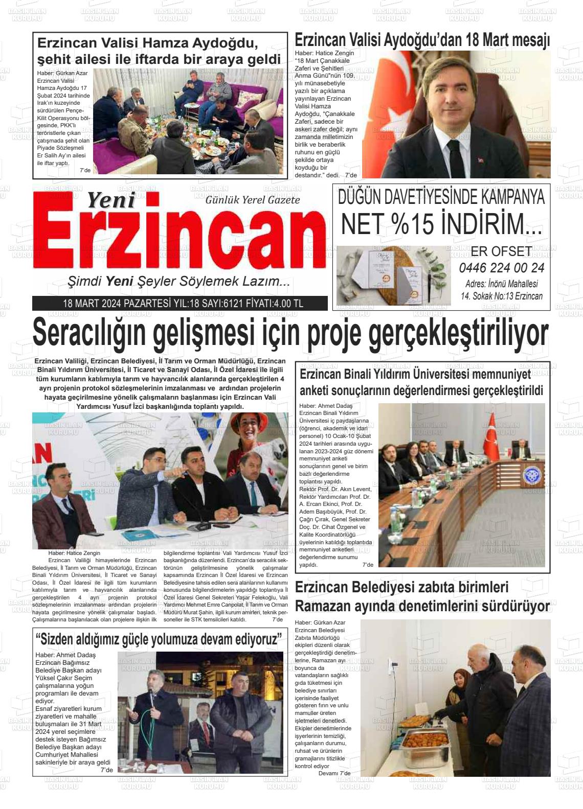 18 Mart 2024 Yeni Erzincan Gazete Manşeti