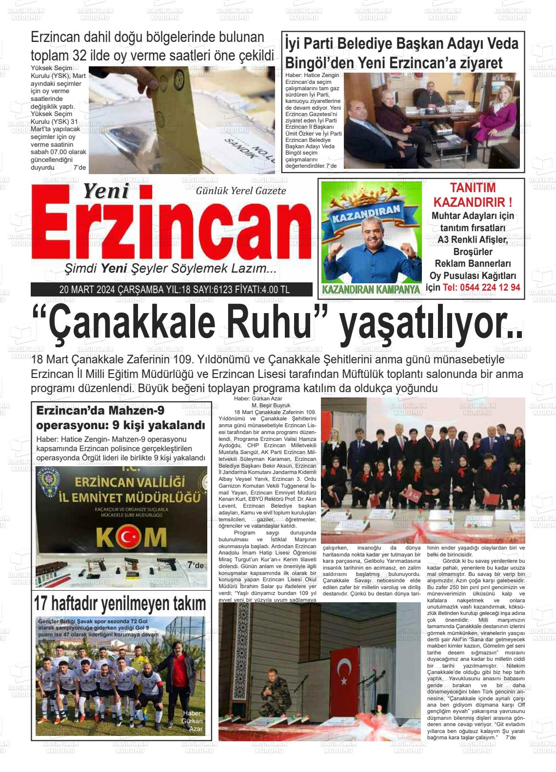 20 Mart 2024 Yeni Erzincan Gazete Manşeti