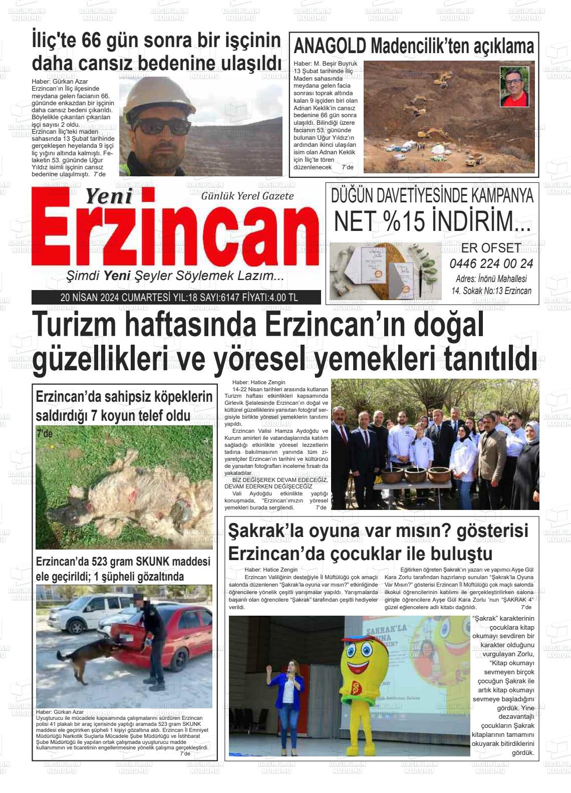 20 Nisan 2024 Yeni Erzincan Gazete Manşeti