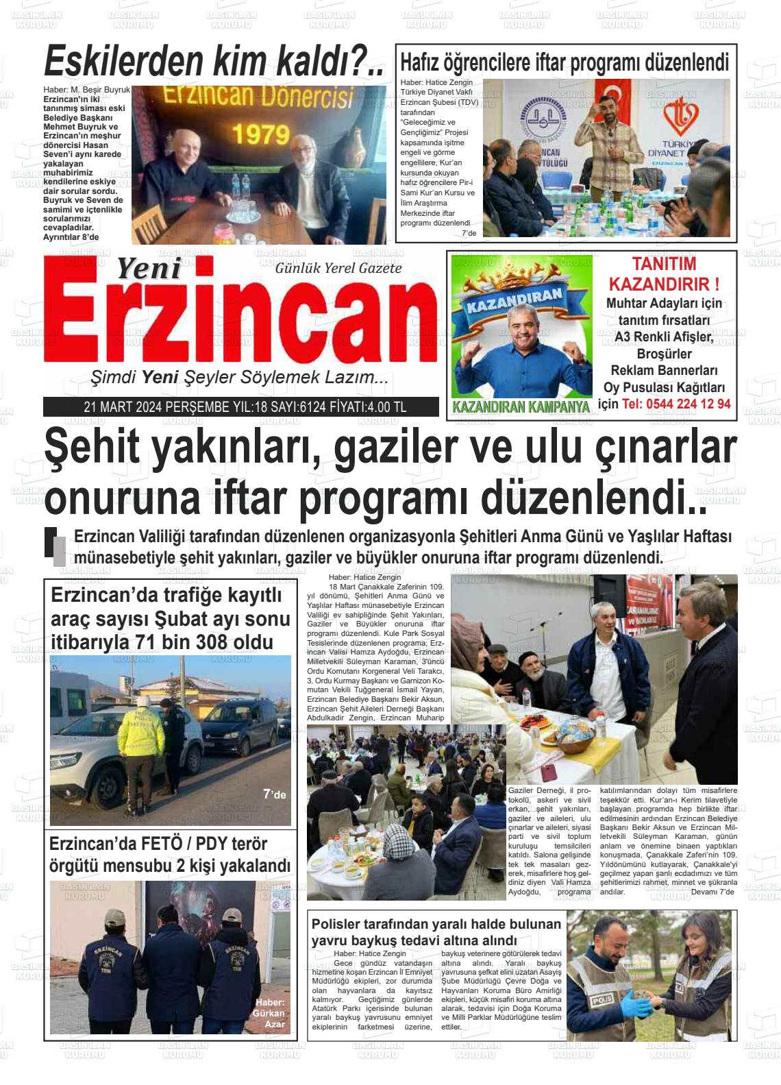 21 Mart 2024 Yeni Erzincan Gazete Manşeti