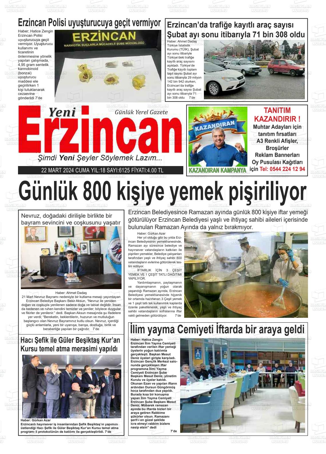 22 Mart 2024 Yeni Erzincan Gazete Manşeti