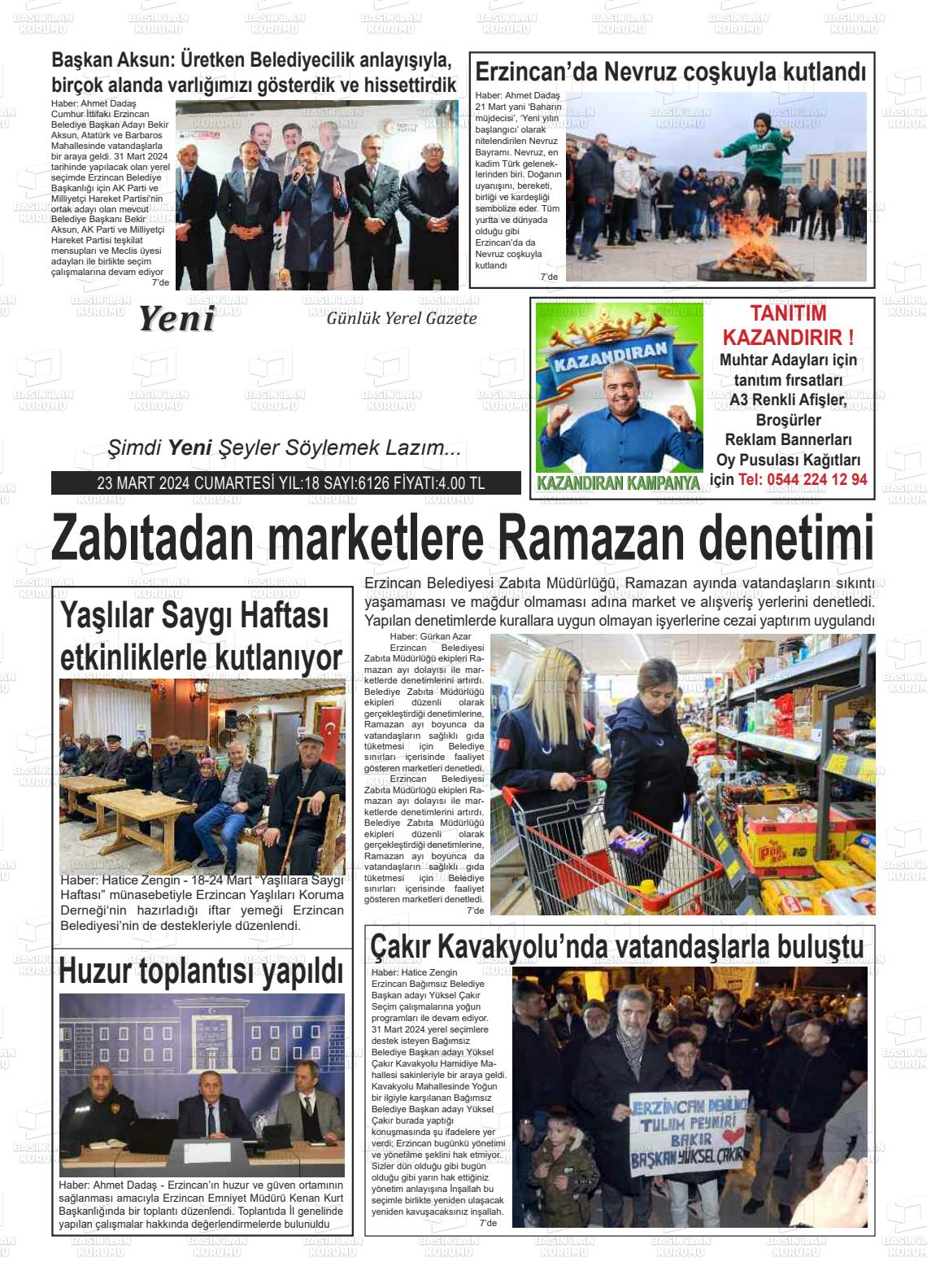 23 Mart 2024 Yeni Erzincan Gazete Manşeti