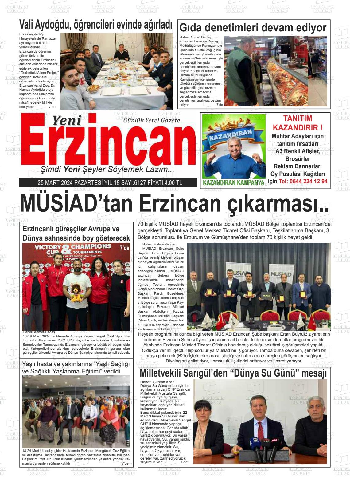 25 Mart 2024 Yeni Erzincan Gazete Manşeti