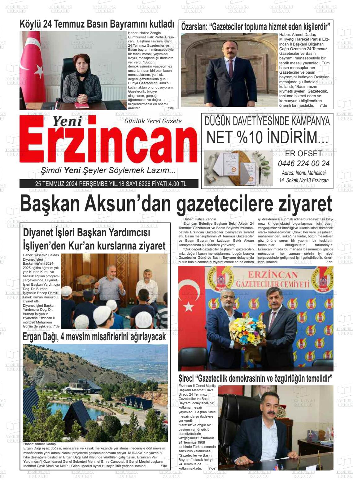 25 Temmuz 2024 Yeni Erzincan Gazete Manşeti