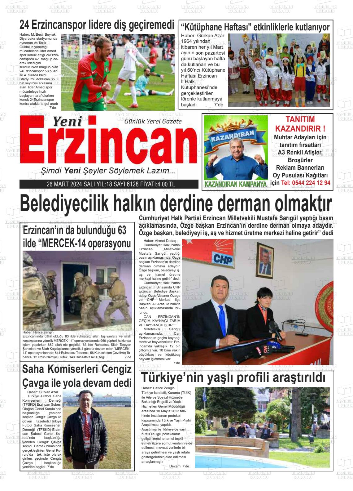 26 Mart 2024 Yeni Erzincan Gazete Manşeti