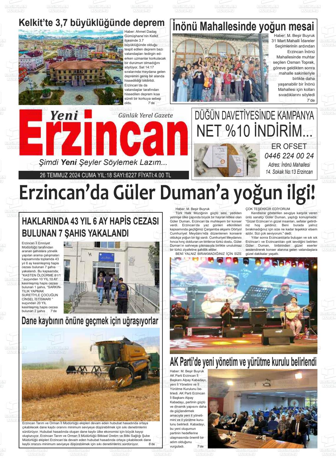 26 Temmuz 2024 Yeni Erzincan Gazete Manşeti