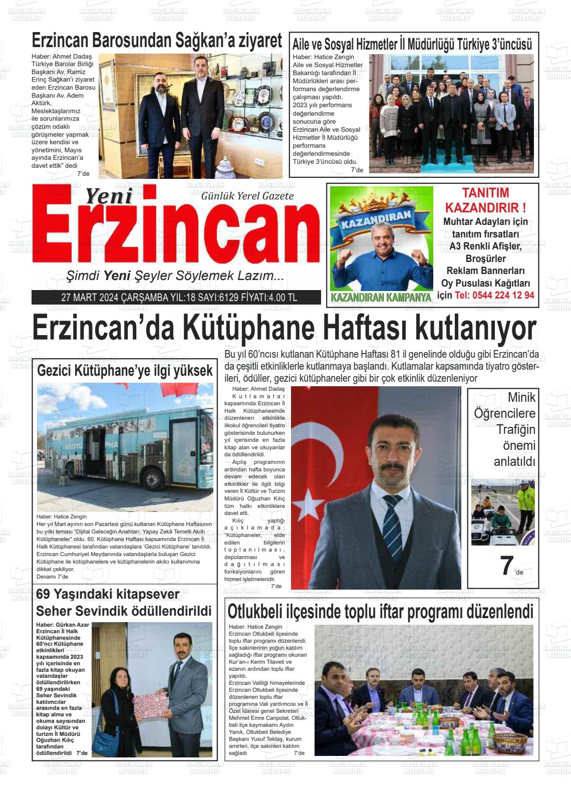 27 Mart 2024 Yeni Erzincan Gazete Manşeti