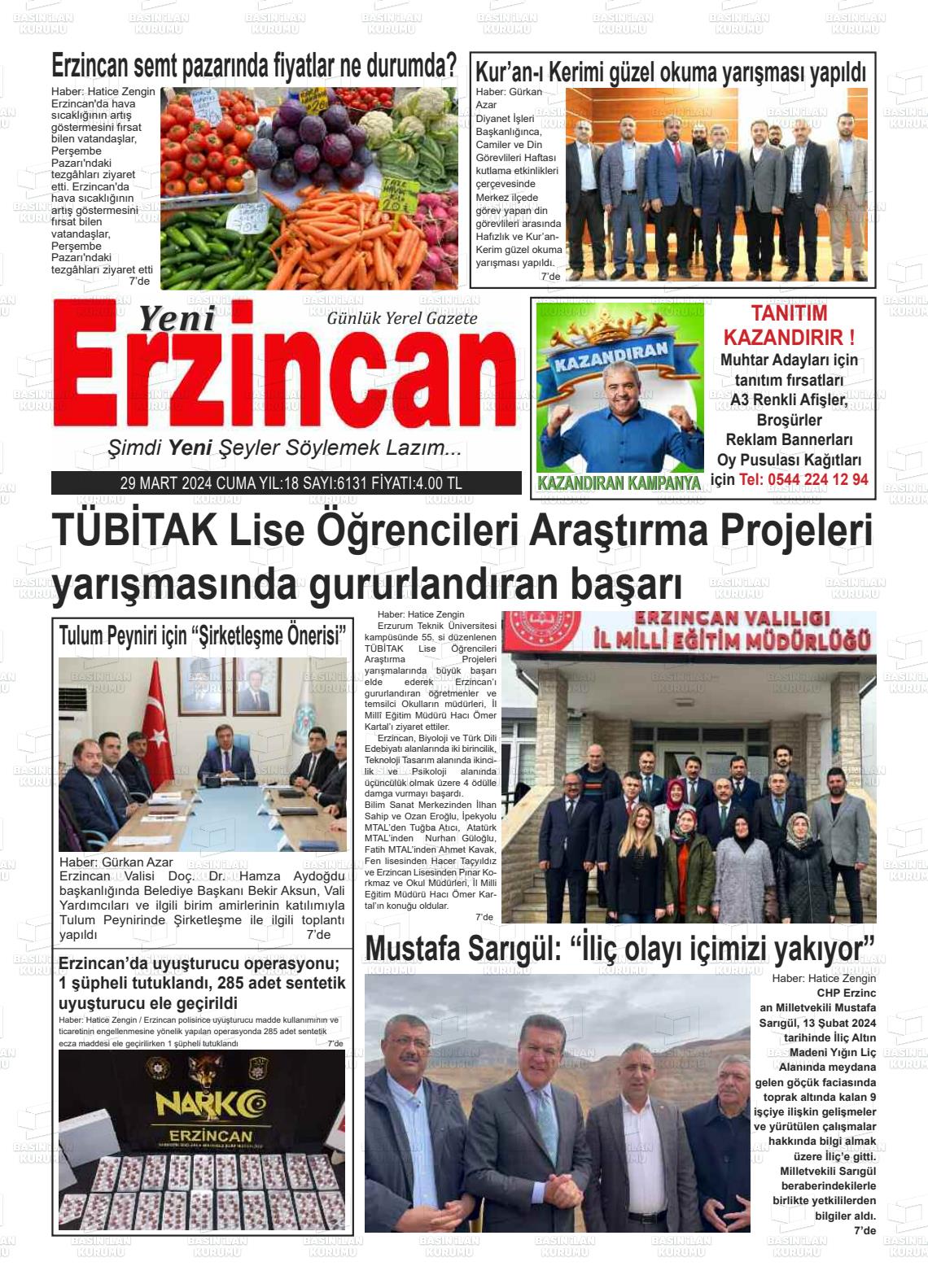 29 Mart 2024 Yeni Erzincan Gazete Manşeti