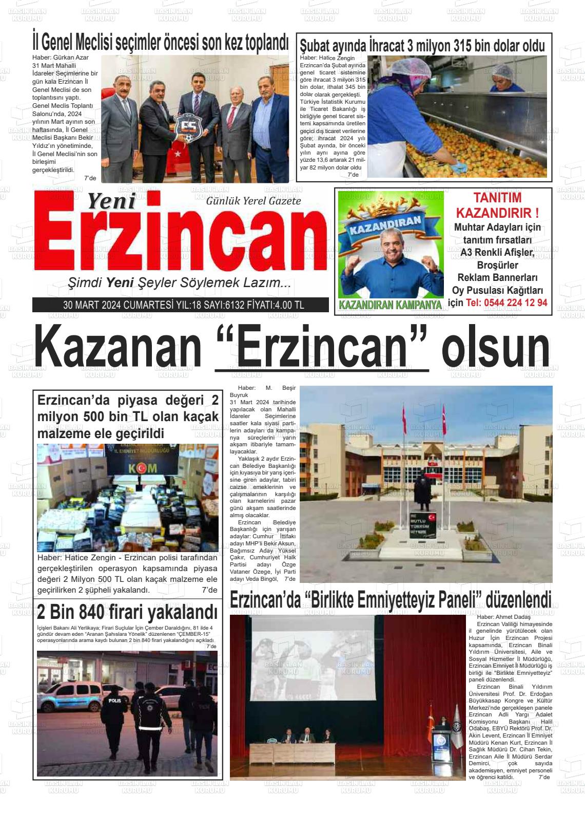 30 Mart 2024 Yeni Erzincan Gazete Manşeti