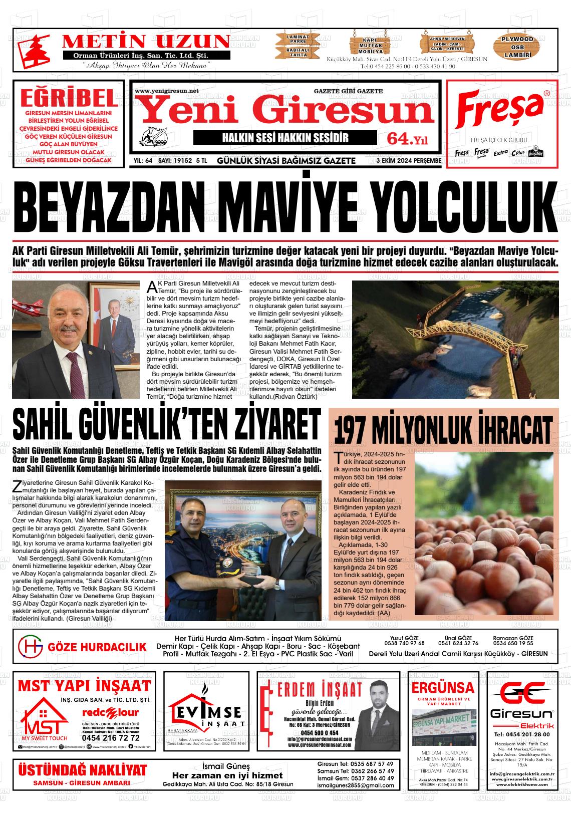 03 Ekim 2024 Yeni Giresun Gazete Manşeti