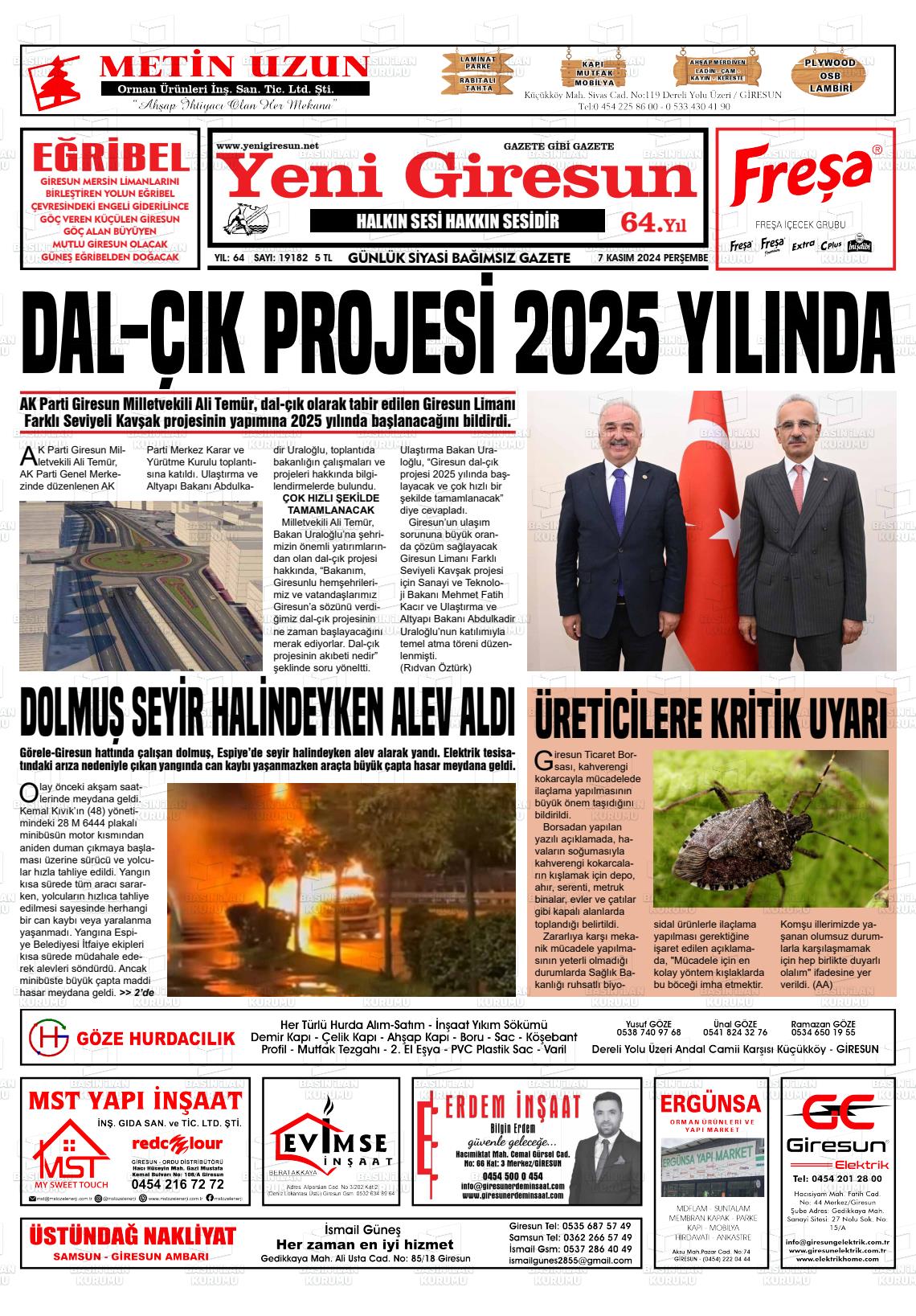 07 Kasım 2024 Yeni Giresun Gazete Manşeti