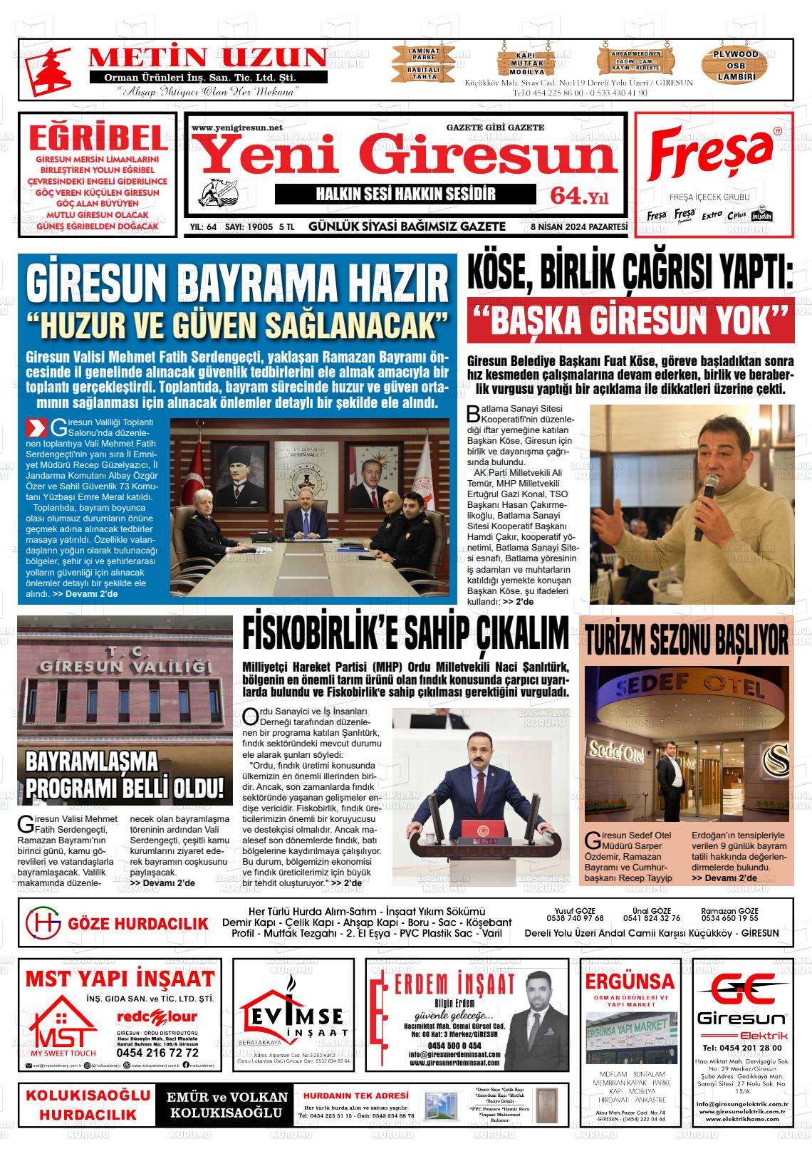 08 Nisan 2024 Yeni Giresun Gazete Manşeti