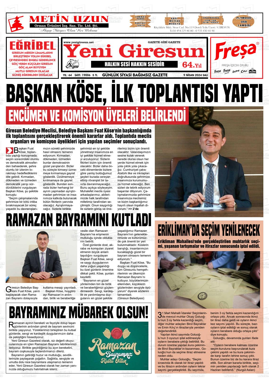 09 Nisan 2024 Yeni Giresun Gazete Manşeti