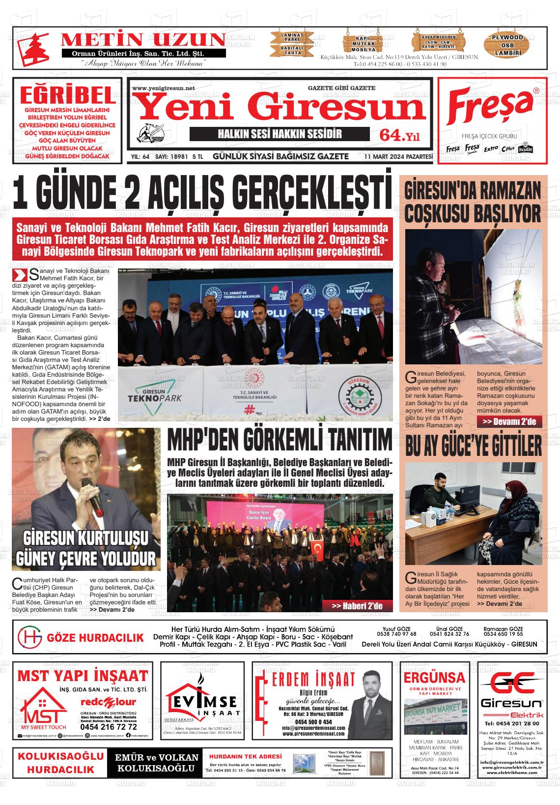 11 Mart 2024 Yeni Giresun Gazete Manşeti