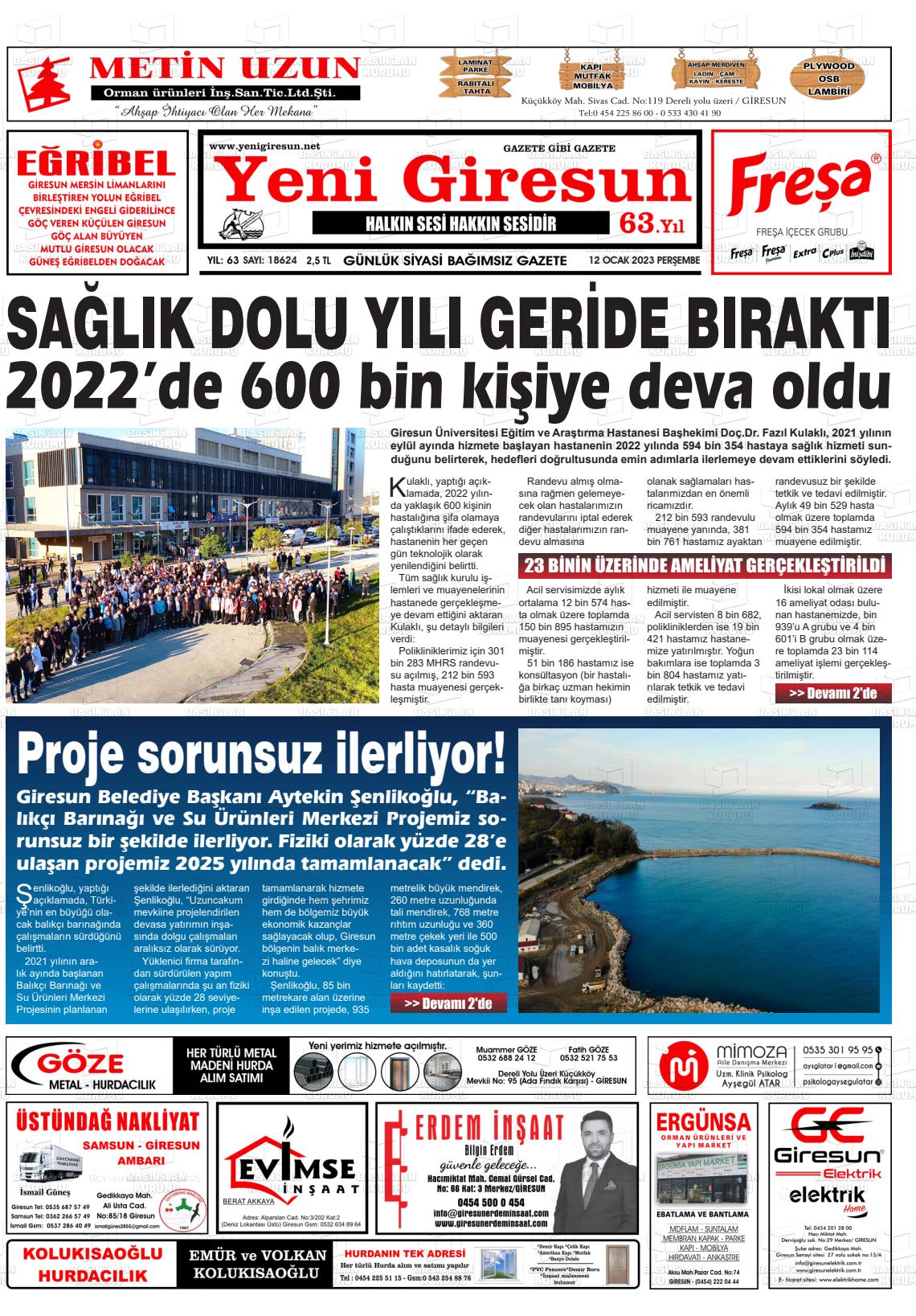 12 Ocak 2023 Yeni Giresun Gazete Manşeti