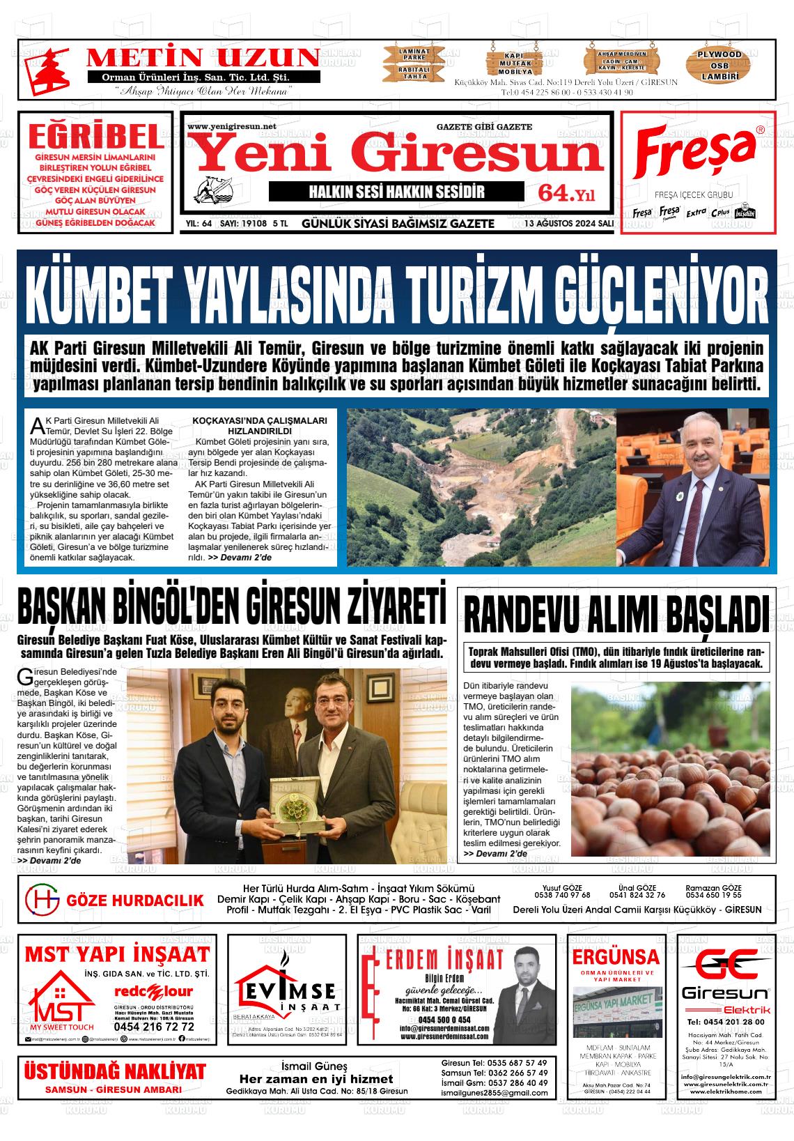 13 Ağustos 2024 Yeni Giresun Gazete Manşeti