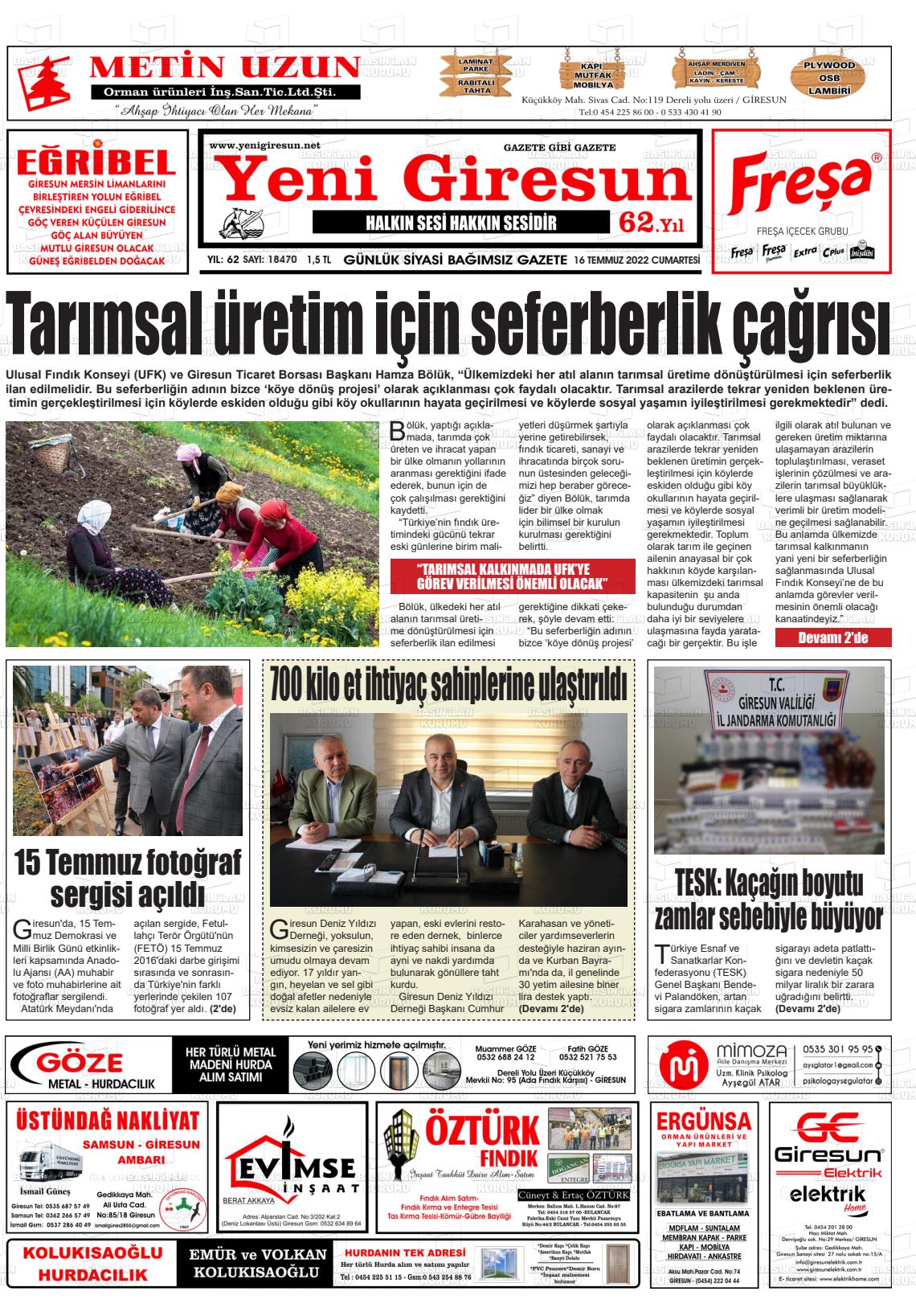 16 Temmuz 2022 Yeni Giresun Gazete Manşeti