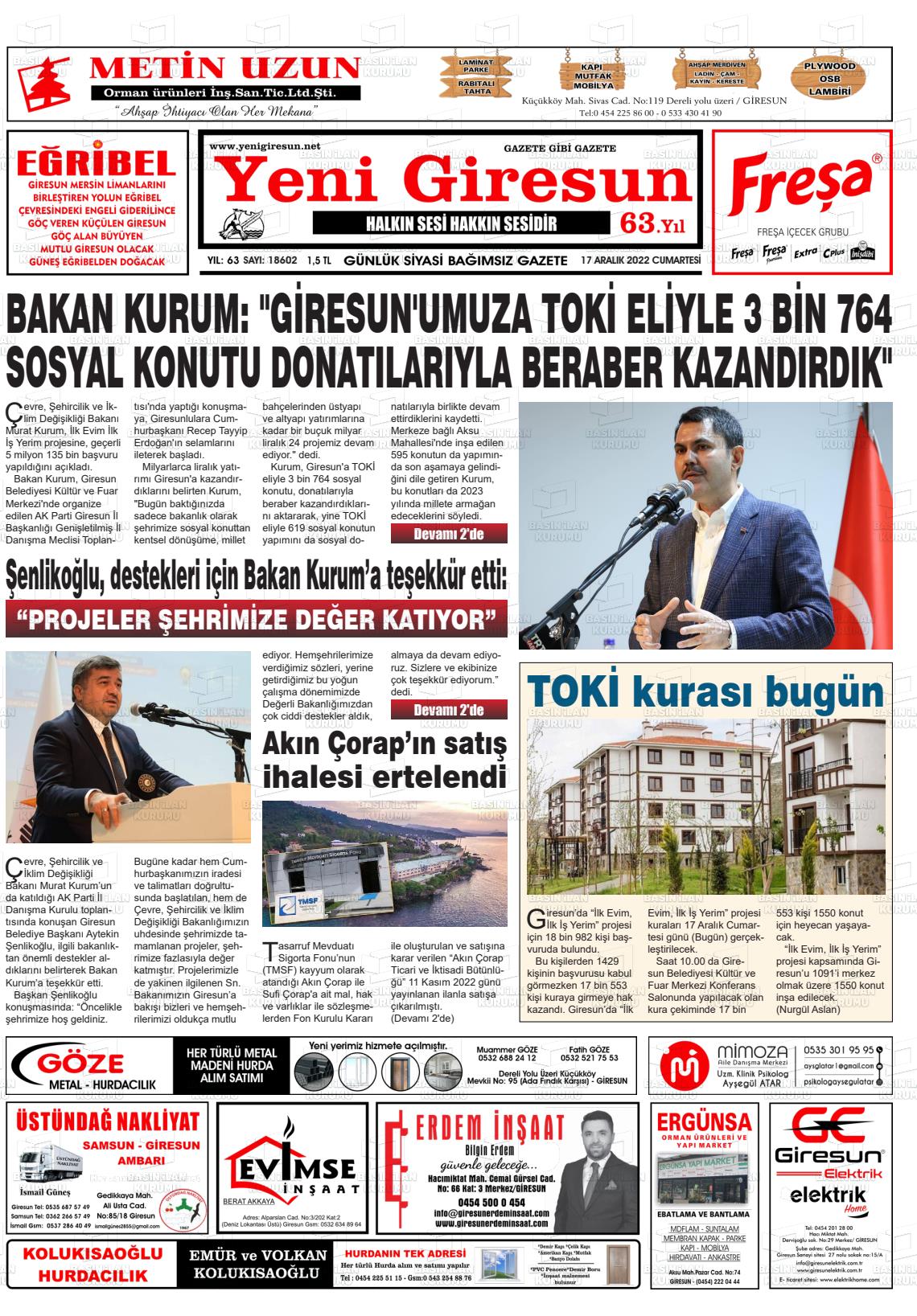 17 Aralık 2022 Yeni Giresun Gazete Manşeti