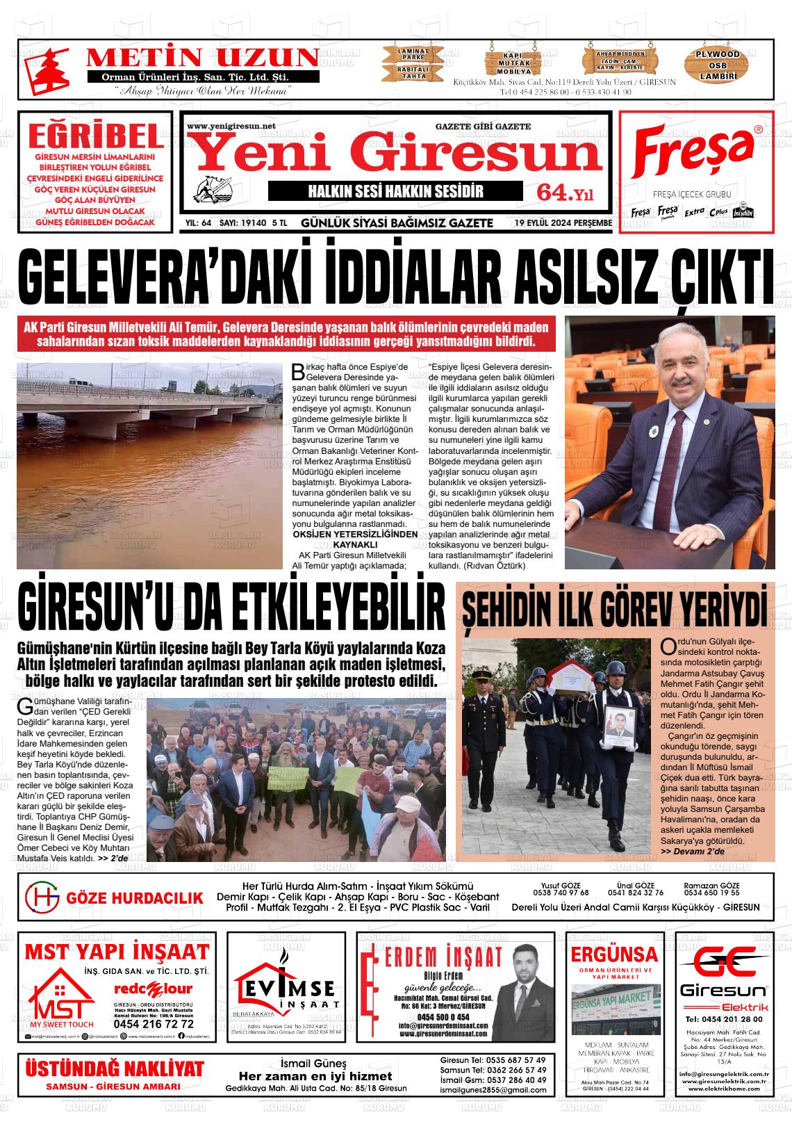 19 Eylül 2024 Yeni Giresun Gazete Manşeti