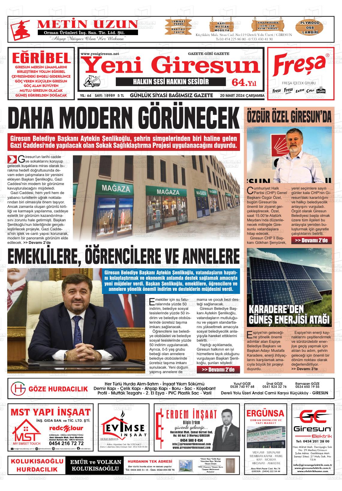 20 Mart 2024 Yeni Giresun Gazete Manşeti