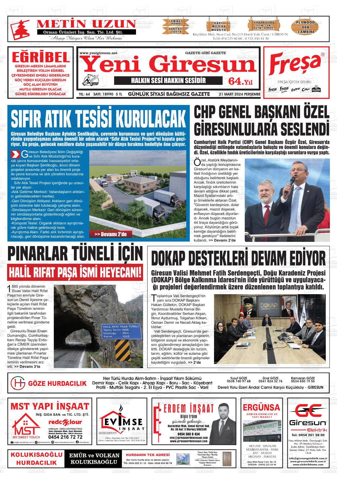 21 Mart 2024 Yeni Giresun Gazete Manşeti