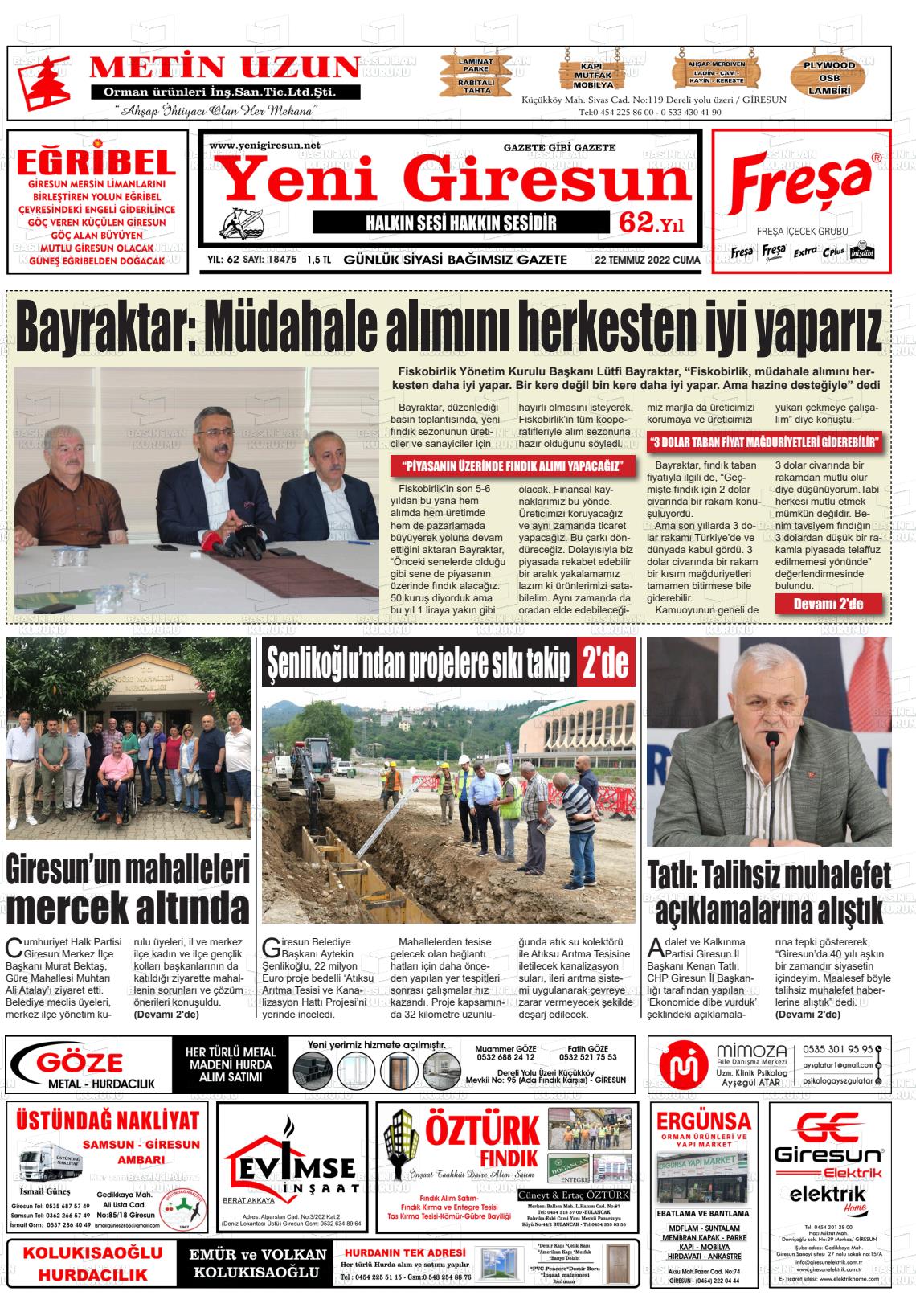 22 Temmuz 2022 Yeni Giresun Gazete Manşeti