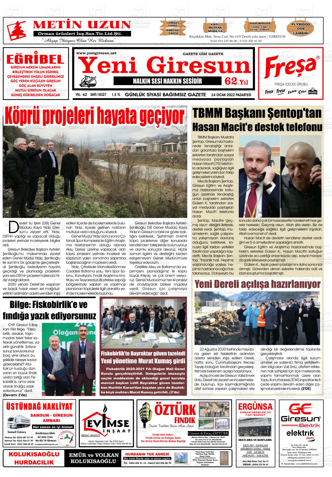 24 Ocak 2022 Yeni Giresun Gazete Manşeti