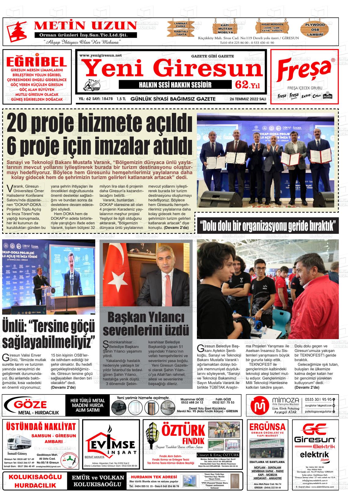 26 Temmuz 2022 Yeni Giresun Gazete Manşeti