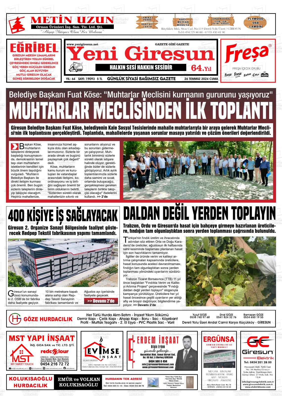 26 Temmuz 2024 Yeni Giresun Gazete Manşeti