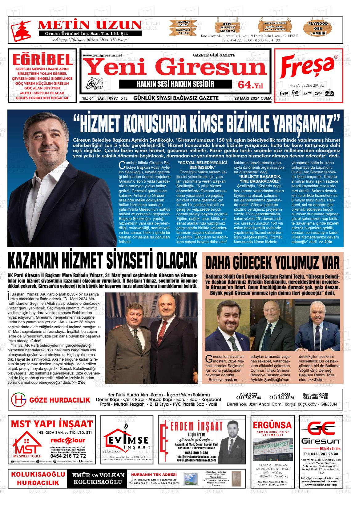 29 Mart 2024 Yeni Giresun Gazete Manşeti