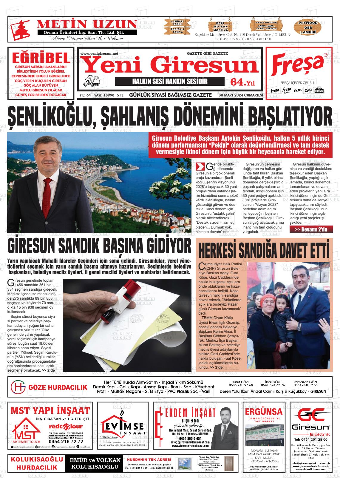 30 Mart 2024 Yeni Giresun Gazete Manşeti