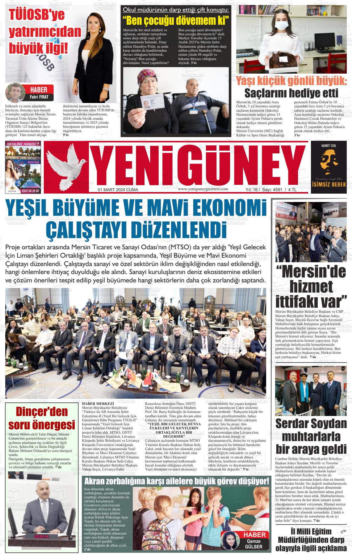 01 Mart 2024 Yeni Güney Gazete Manşeti