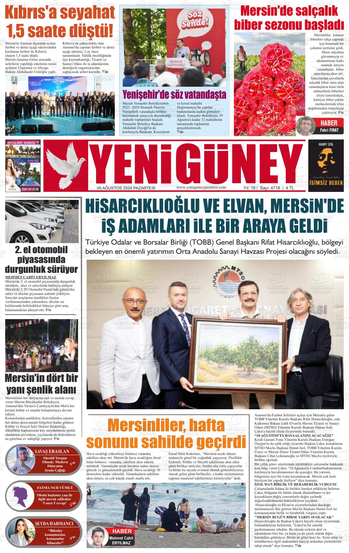 05 Ağustos 2024 Yeni Güney Gazete Manşeti