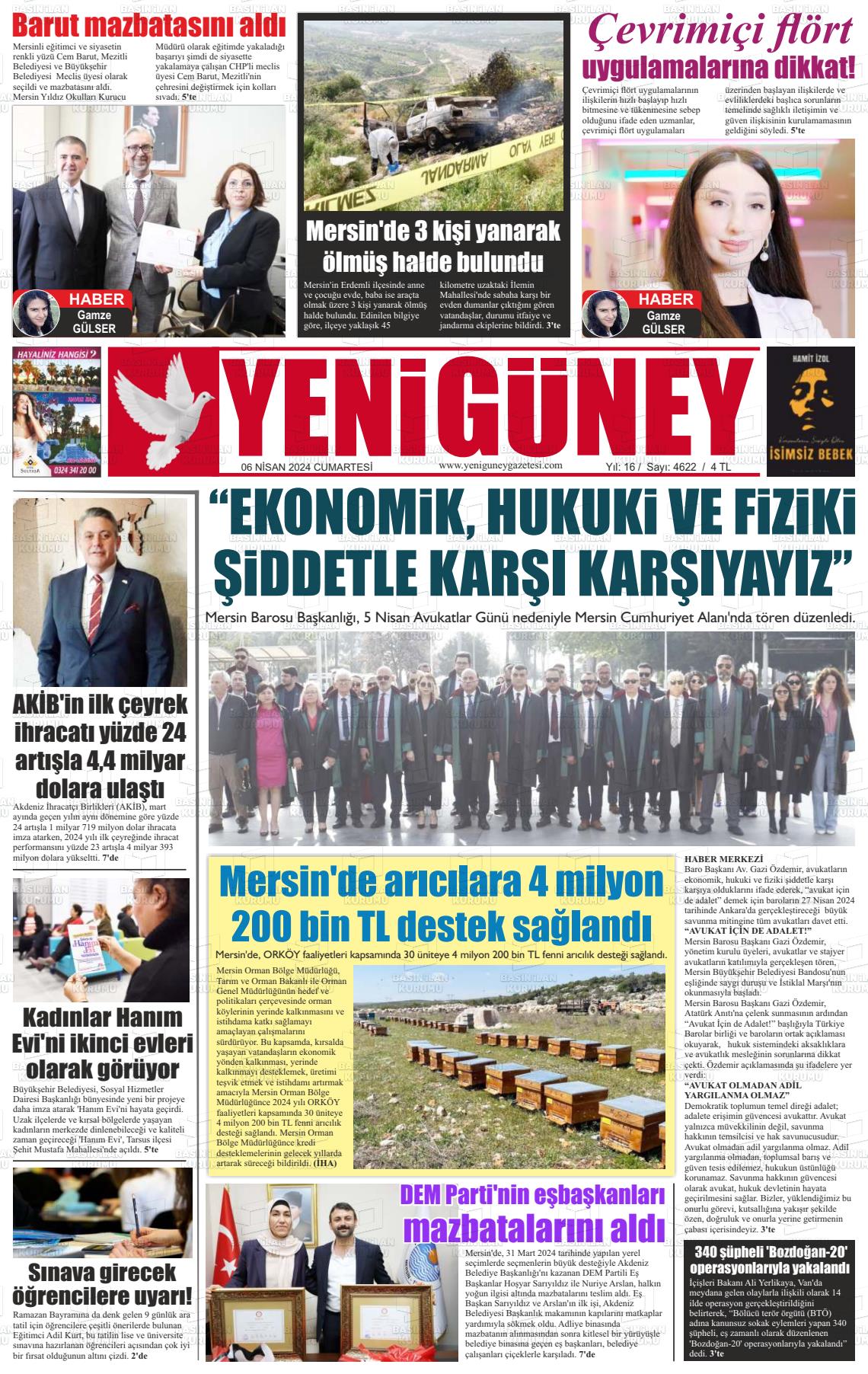 06 Nisan 2024 Yeni Güney Gazete Manşeti