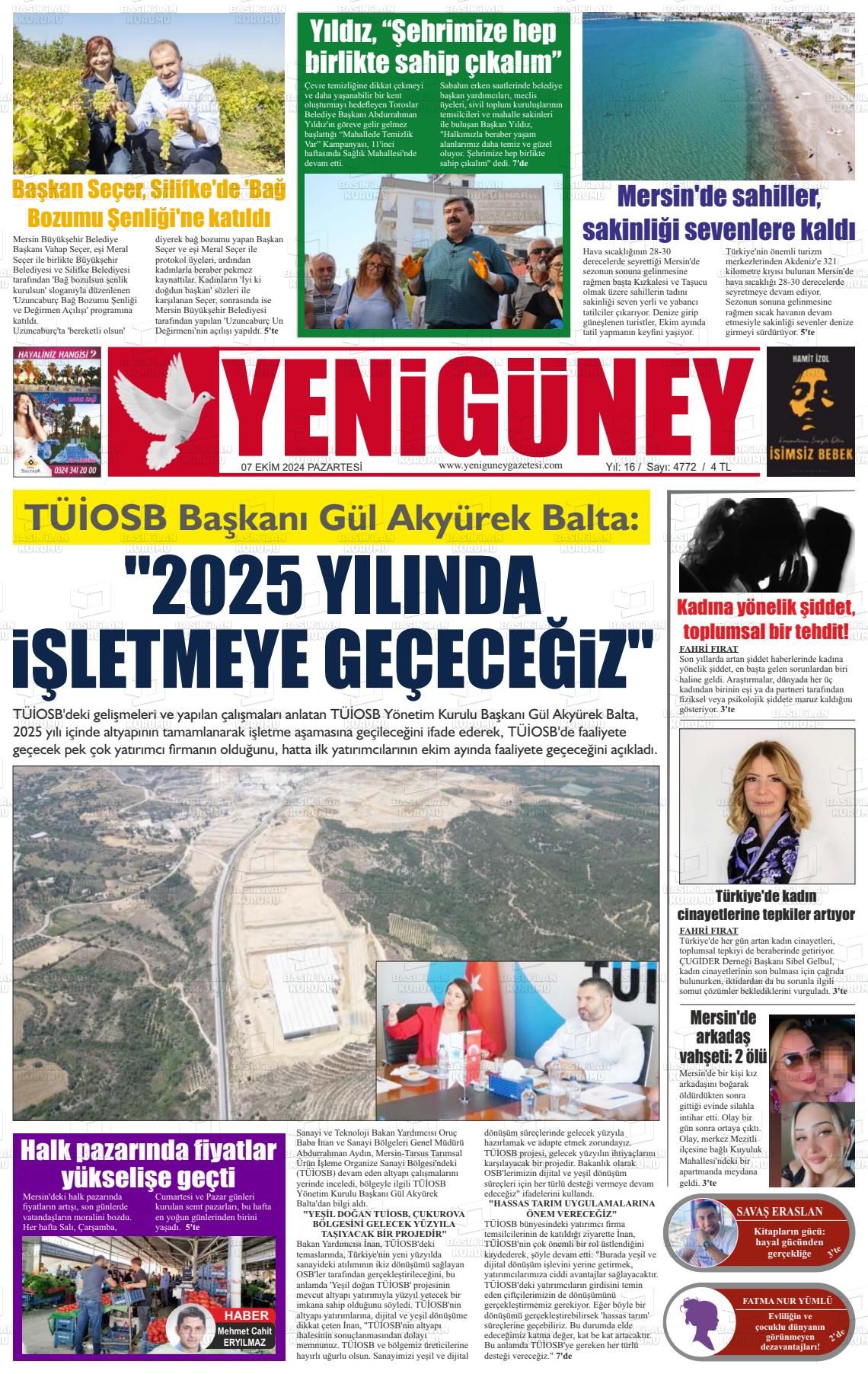 07 Ekim 2024 Yeni Güney Gazete Manşeti