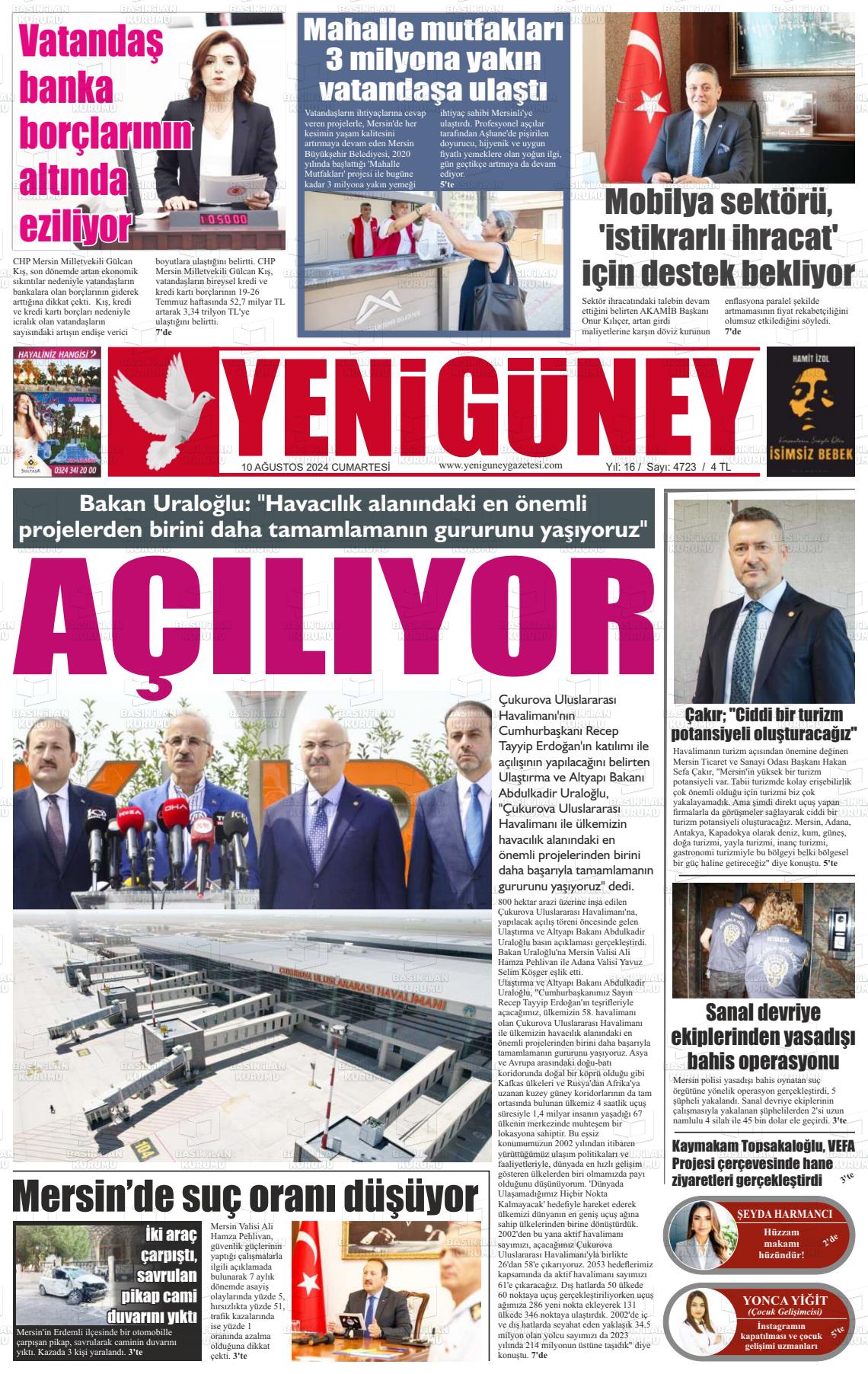 10 Ağustos 2024 Yeni Güney Gazete Manşeti