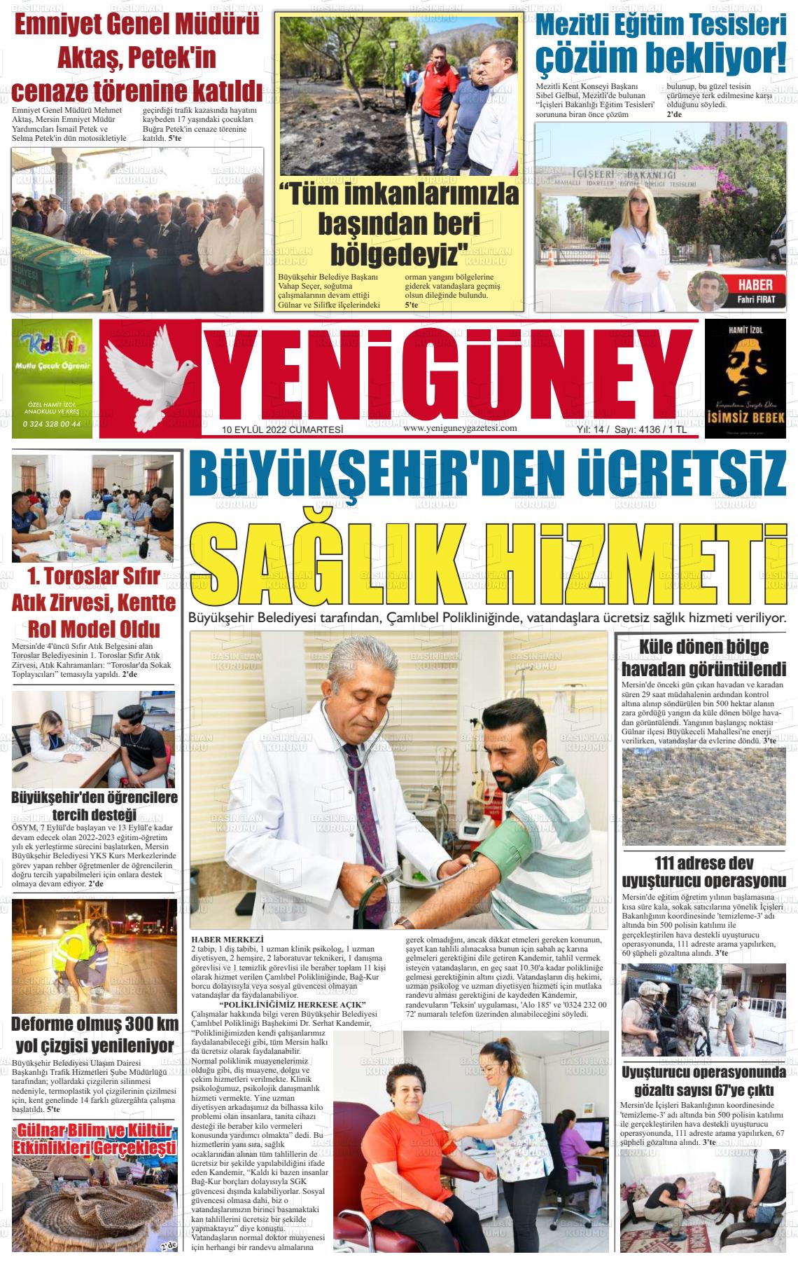 10 Eylül 2022 Yeni Güney Gazete Manşeti