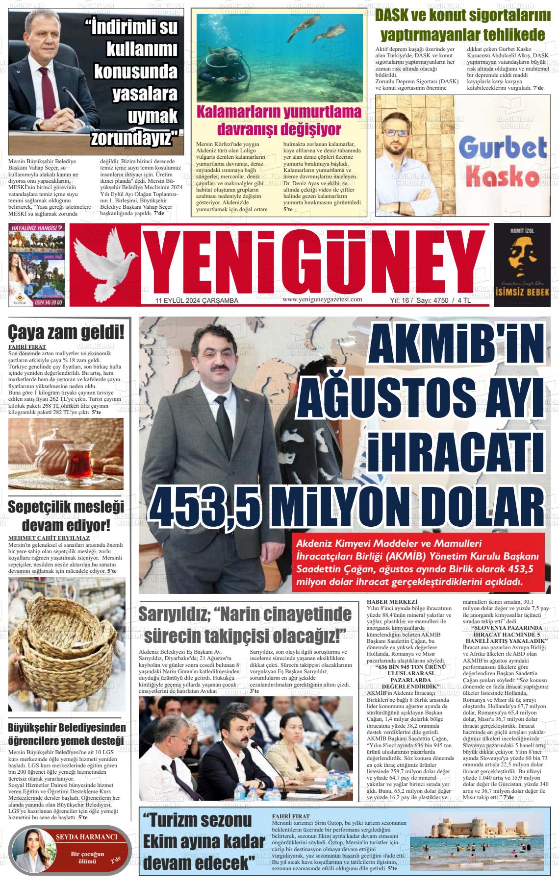 11 Eylül 2024 Yeni Güney Gazete Manşeti