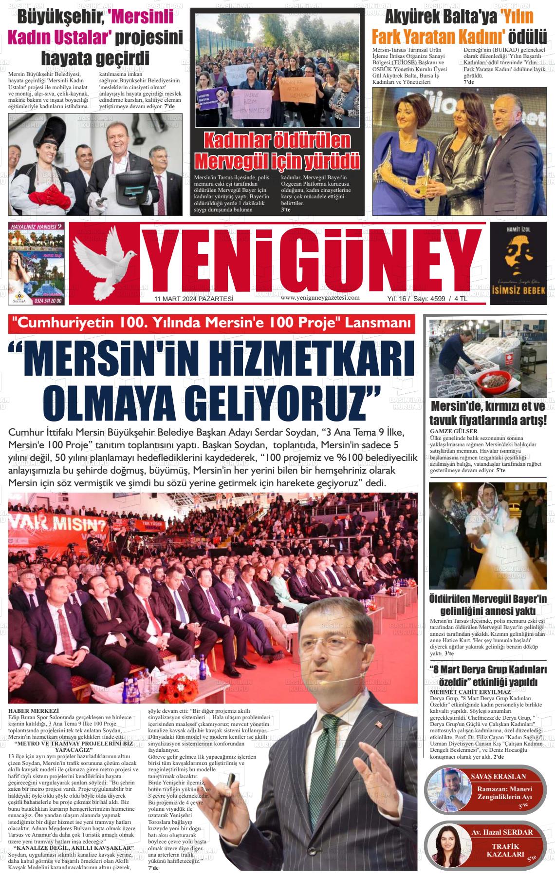 11 Mart 2024 Yeni Güney Gazete Manşeti