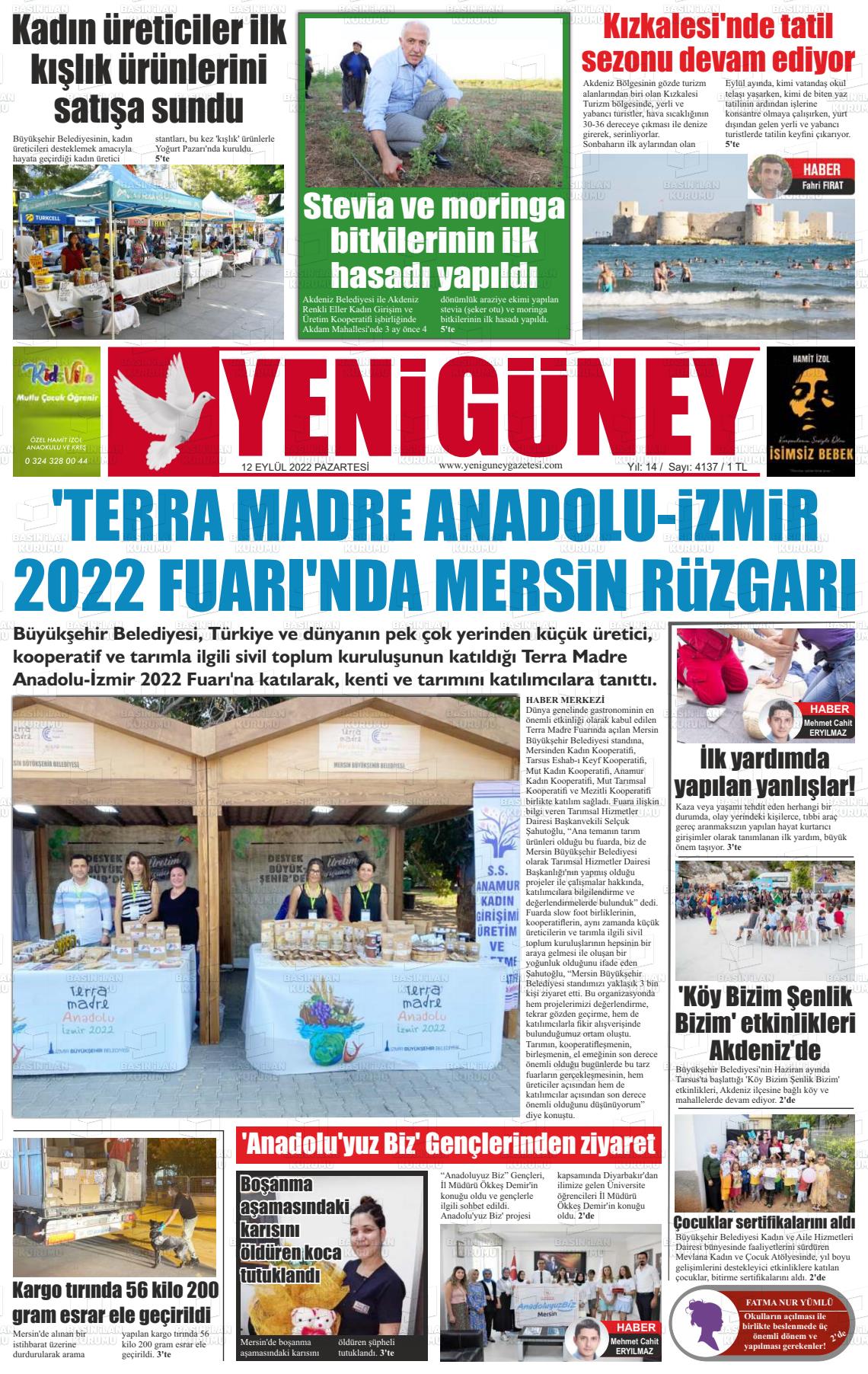 12 Eylül 2022 Yeni Güney Gazete Manşeti