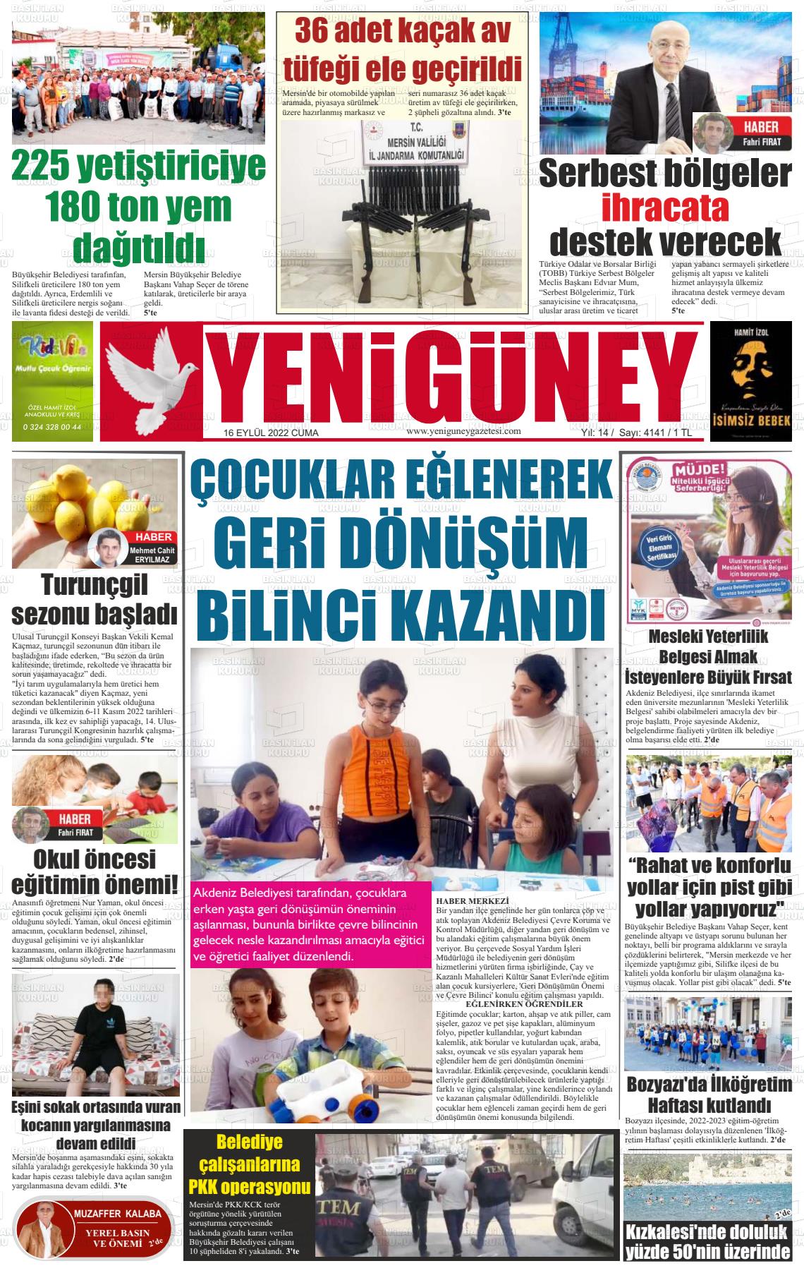 16 Eylül 2022 Yeni Güney Gazete Manşeti